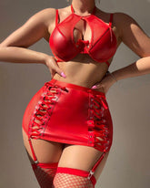 See Through Mesh Leather Stitching Lace Up Lingerie Set